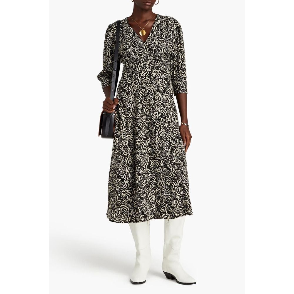 NWOT ba&sh Loa Midi 3/4 Sleeve V-Neck Black Printed Flowy Dress Size 3